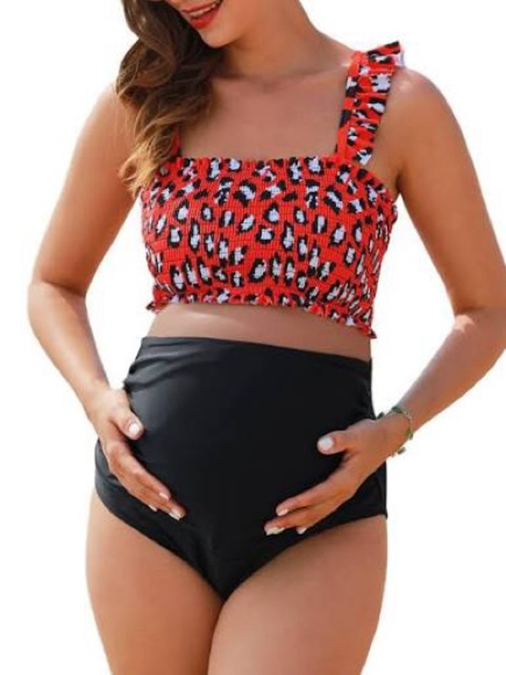 Red Leopard Print Maternity Bikini Top with Black High-Waist Bottoms